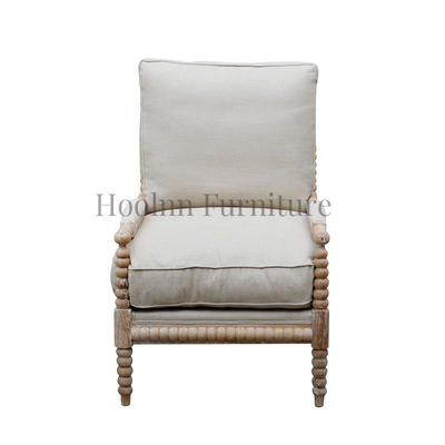French oak wood linen upholstered armchair living room bobbin chair